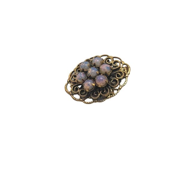 Faux Opal Cabochon Filigree Brooch Pin Gold Tone Vintage - Picture 3 of 5